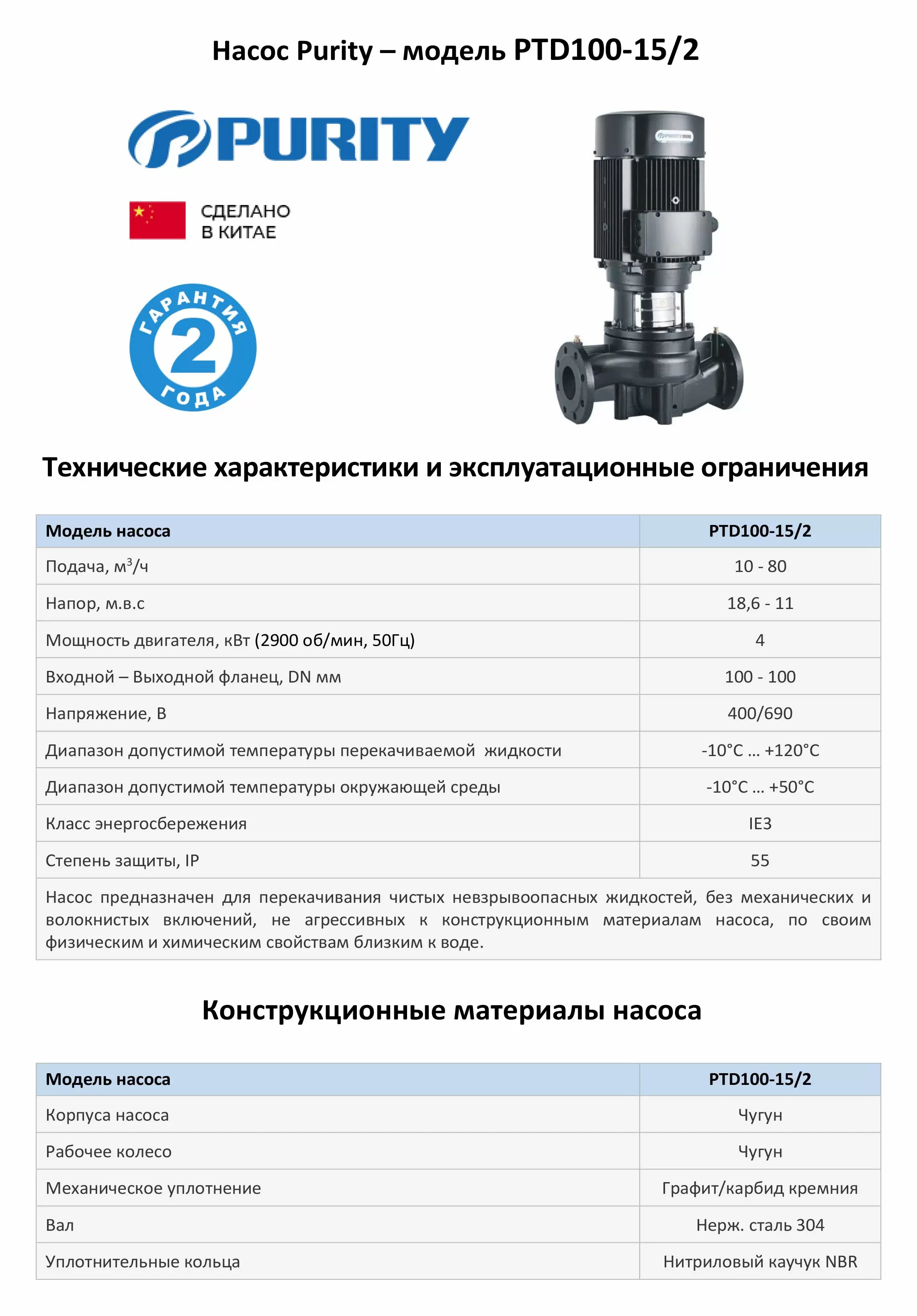 Циркуляционный насос In-Line PURITY PTD100-15/2 (N)