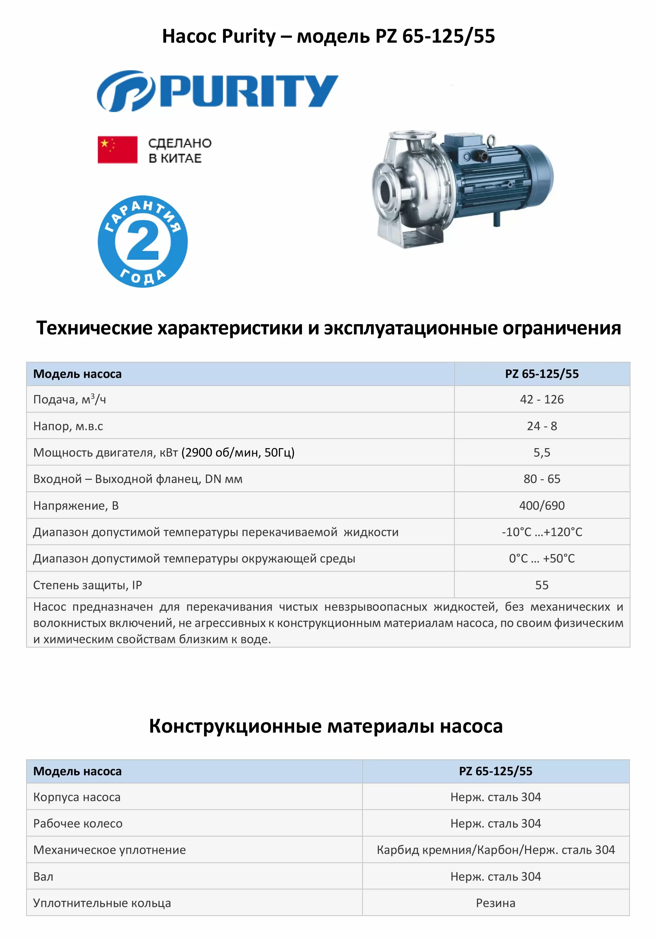 Моноблочный насос PURITY из нержавеющей стали PZ 65-125/55 (N)