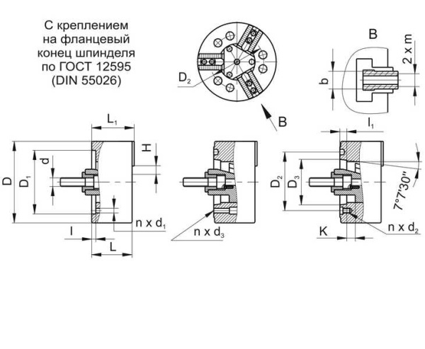 7102-0085М-1-2 Патрон токарный механизированный самоцентрирующий трёхкулачковый 400 мм. с креплением непосредственно на фланцевый конец шпинделя по ГОСТ 12595 (DIN 55026)