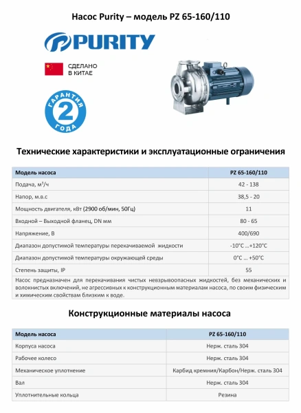 Моноблочный насос PURITY из нержавеющей стали PZ 65-160/110 (N)