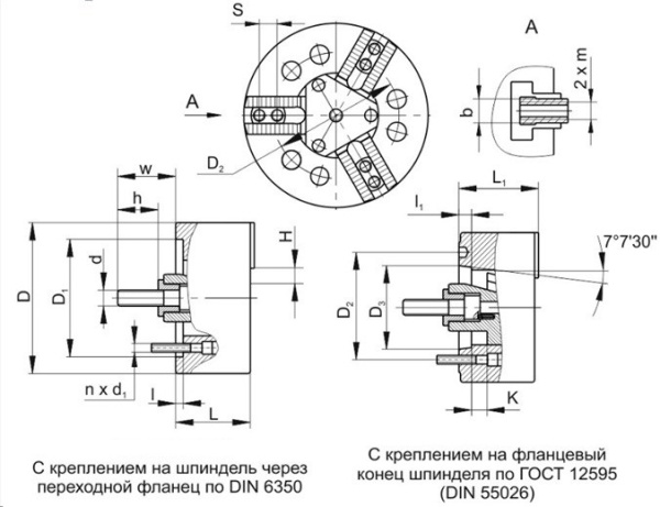 ПКМ-250.К6 Патрон токарный механизированный самоцентрирующий трёхкулачковый 250 мм. с маслёнкой с креплением непосредственно на фланцевый конец шпинделя по ГОСТ 12595 (DIN 55026)