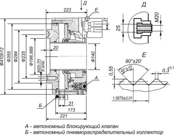 ППТ-410.140.J11 Патрон токарный механизированный трёхкулачковый 410 мм. полый со встроенным пневмоприводом с креплением через поворотную шайбу по ГОСТ 12593 (DIN 55027)