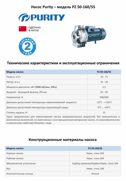 Моноблочный насос PURITY из нержавеющей стали PZ 50-160/55 (N)