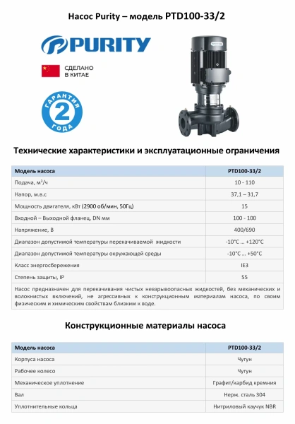 Циркуляционный насос In-Line PURITY PTD100-33/2 (N)